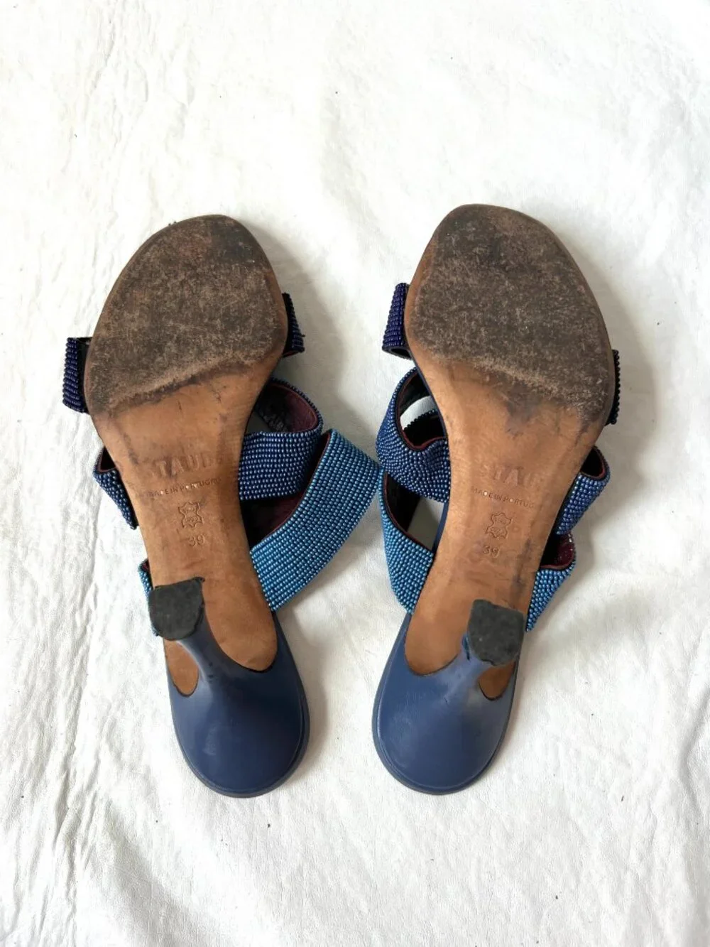 Staud high heel sandals size 39 9 Sonny beaded blue leather slip on strappy